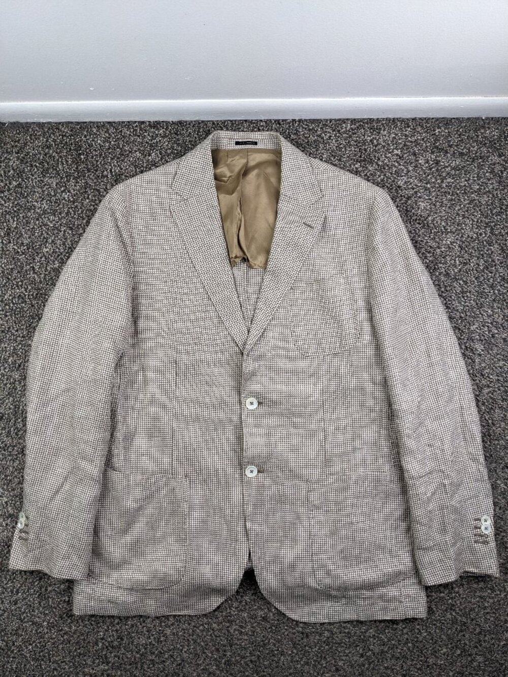 Massimo Dutti Sport Coat Blazer 100% Linen Houndstooth Checked Tan Brown 44L